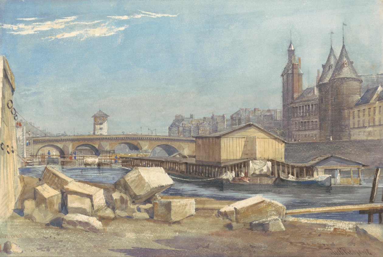 Ile de la Cité, Pont au Change ja Conciergerie, Pariisi, 1837 tekijältä Richard Redgrave