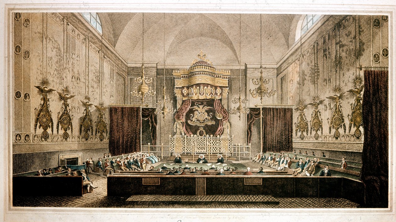 Näkymä House of Lordsista, Ison-Britannian parlamentin ylähuoneesta. Kaiverrus Rothwell. 1800-luvun Parker Gallery, Lontoo tekijältä Richard Rothwell
