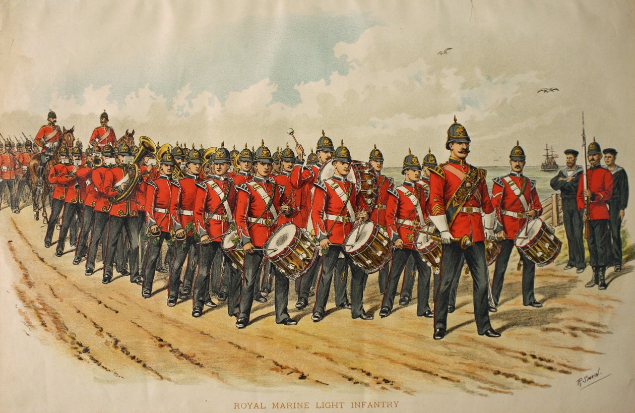 Kuninkaallisen merijalkaväen kevyen jalkaväen soittokunta johtaa marssikolonnaa, 1895. tekijältä Richard Simkin
