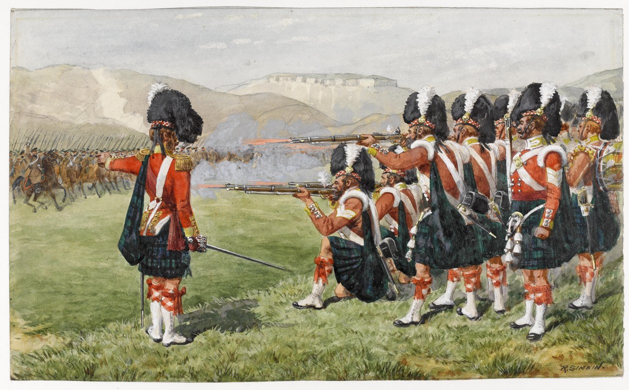 93. Sutherland Highlanders Balaclavan taistelussa 25. lokakuuta 1854: The Thin Red Line, 1854 (wc paperilla) tekijältä Richard Simkin