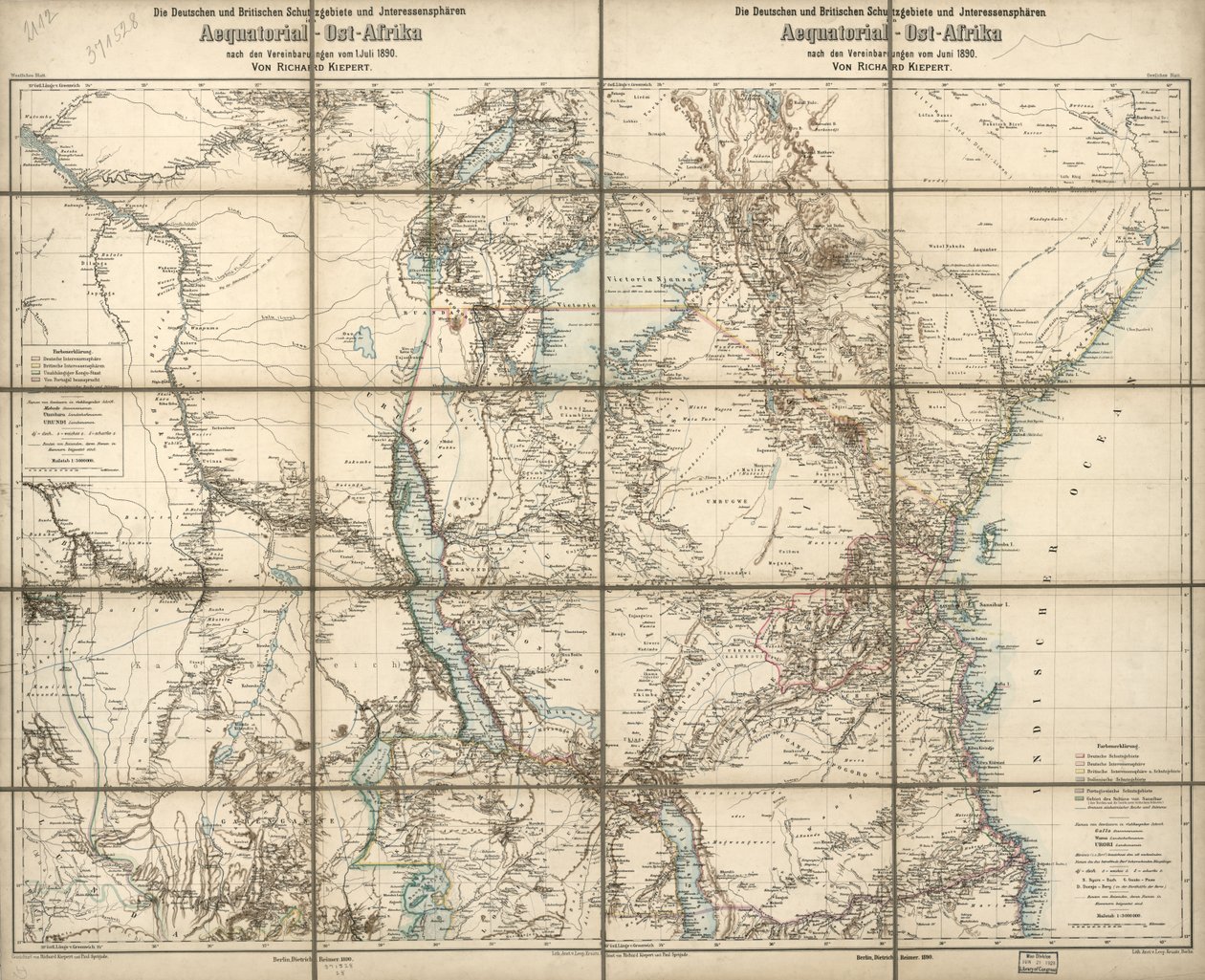 Saksan ja Ison-Britannian protektoraatit ja etupiirit Päiväntasaajan Itä-Afrikassa: kesäkuussa 1890 tehtyjen sopimusten mukaisesti tekijältä Richard; Sprigade Kiepert