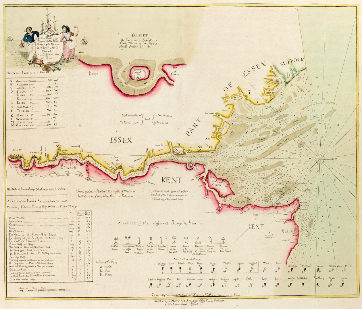 Merikartta Thames-joesta Lontoosta Noreen, Margateen ja Downsiin, pohjois-, keski- ja eteläkanaviin, vuosina 1789 ja 90 tehdystä kartoituksesta. tekijältä Richard Stanier