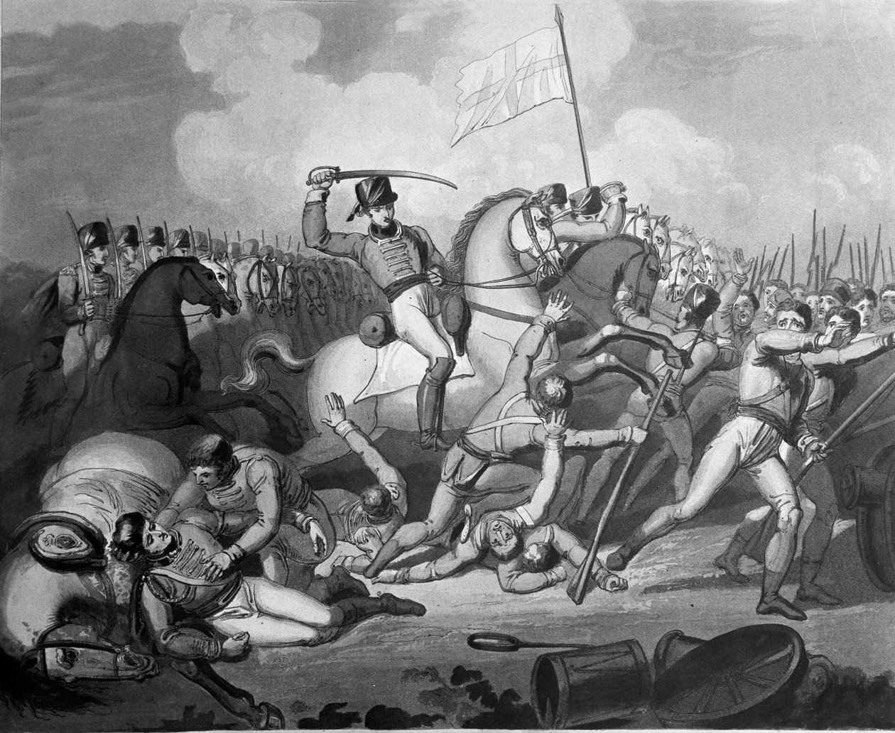 Ratsuväkihyökkäys ranskalaista jalkaväkeä vastaan, Salamancan taistelu, 22. heinäkuuta 1812, 1819 (akvatinta) tekijältä Richard Westall