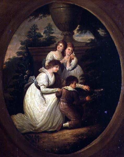 Perheryhmä puutarhassa, n. 1790 (öljy kuparilla) tekijältä Richard Westall
