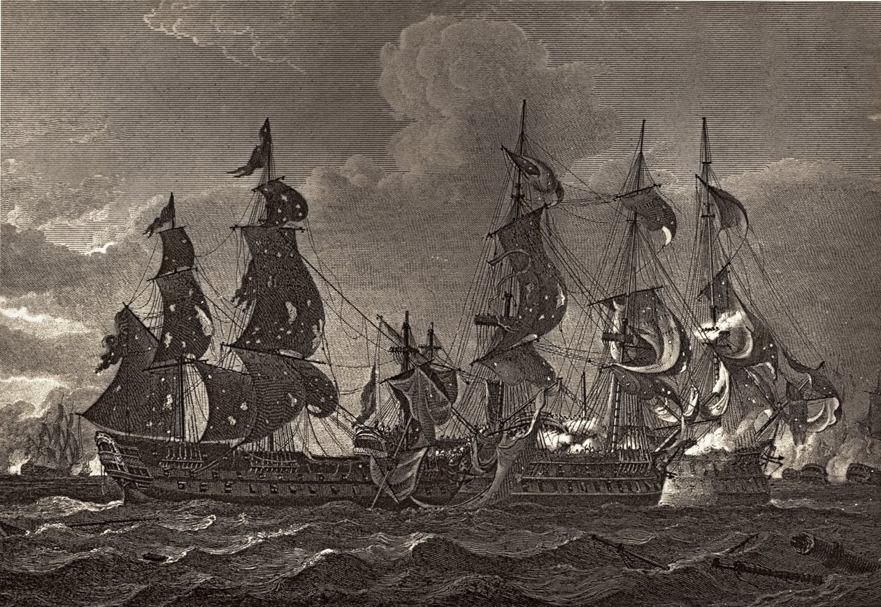 HMS-kapteeni nousemassa San Nicholasin ja San Josefin laivaan, kuvitus Robert Southeyn (1774-1843) teoksesta "Nelsonin elämä" julkaistiin ensimmäisen kerran 1813. tekijältä Richard Westall