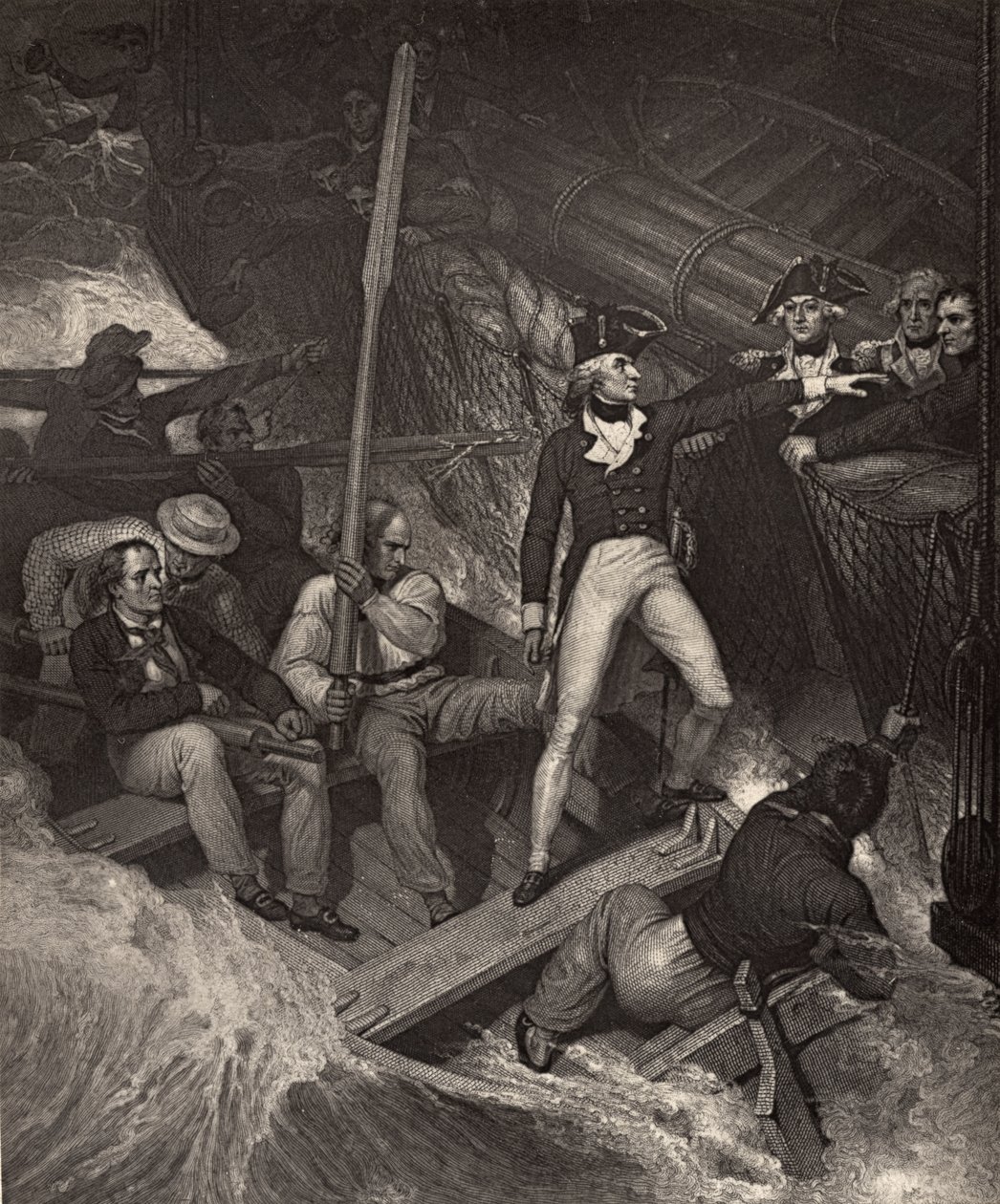 Luutnantti Nelson ilmoittautuu vapaaehtoiseksi palkinnolle väkivaltaisessa myrskyssä, kuva Robert Southeyn (1774-1843) teoksesta "Nelsonin elämä" julkaistiin ensimmäisen kerran 1813. tekijältä Richard Westall