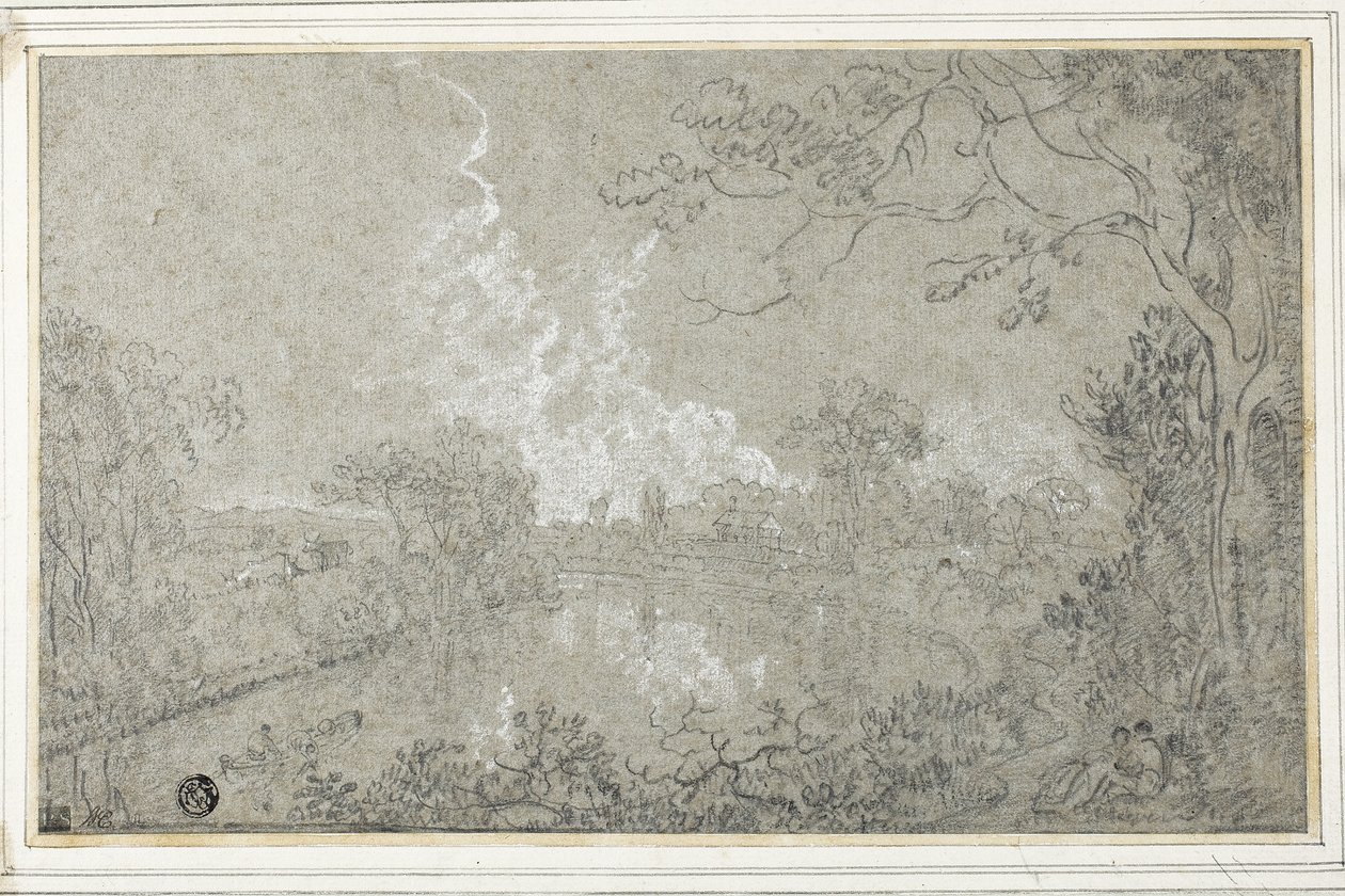 Dee-joen rannat lähellä Eaton Hallia, Cheshire, n. 1759 (mustavalkoinen liitu siniselle levitetylle paperille, asetettu kortille) tekijältä Richard Wilson