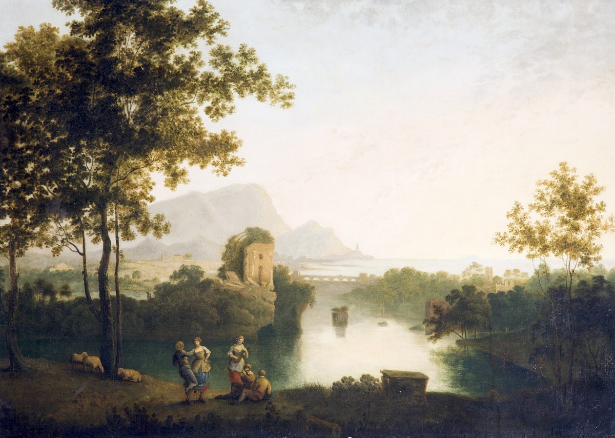 Ilta River Mouthissa talonpoikien tanssiessa (öljy kankaalle) tekijältä Richard Wilson