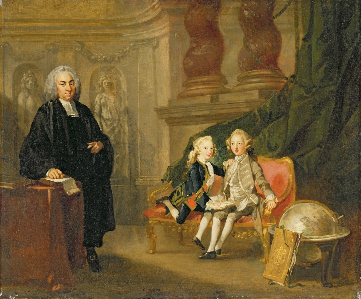 Prinssi George (1738-1820) ja prinssi Edward Augustus (1739-67) Sons of Frederick (1707-51) Walesin prinssi, opettajansa tohtori Francis Ayscoughin kanssa, n. 1748-49 (öljy kankaalle) tekijältä Richard Wilson