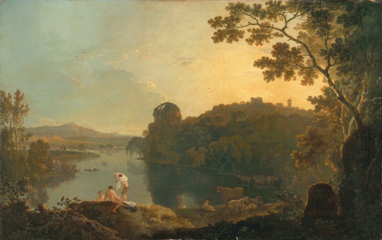 Jokikohtaus: uimarit ja karja, n. 1763-65 (öljy kankaalle) tekijältä Richard Wilson