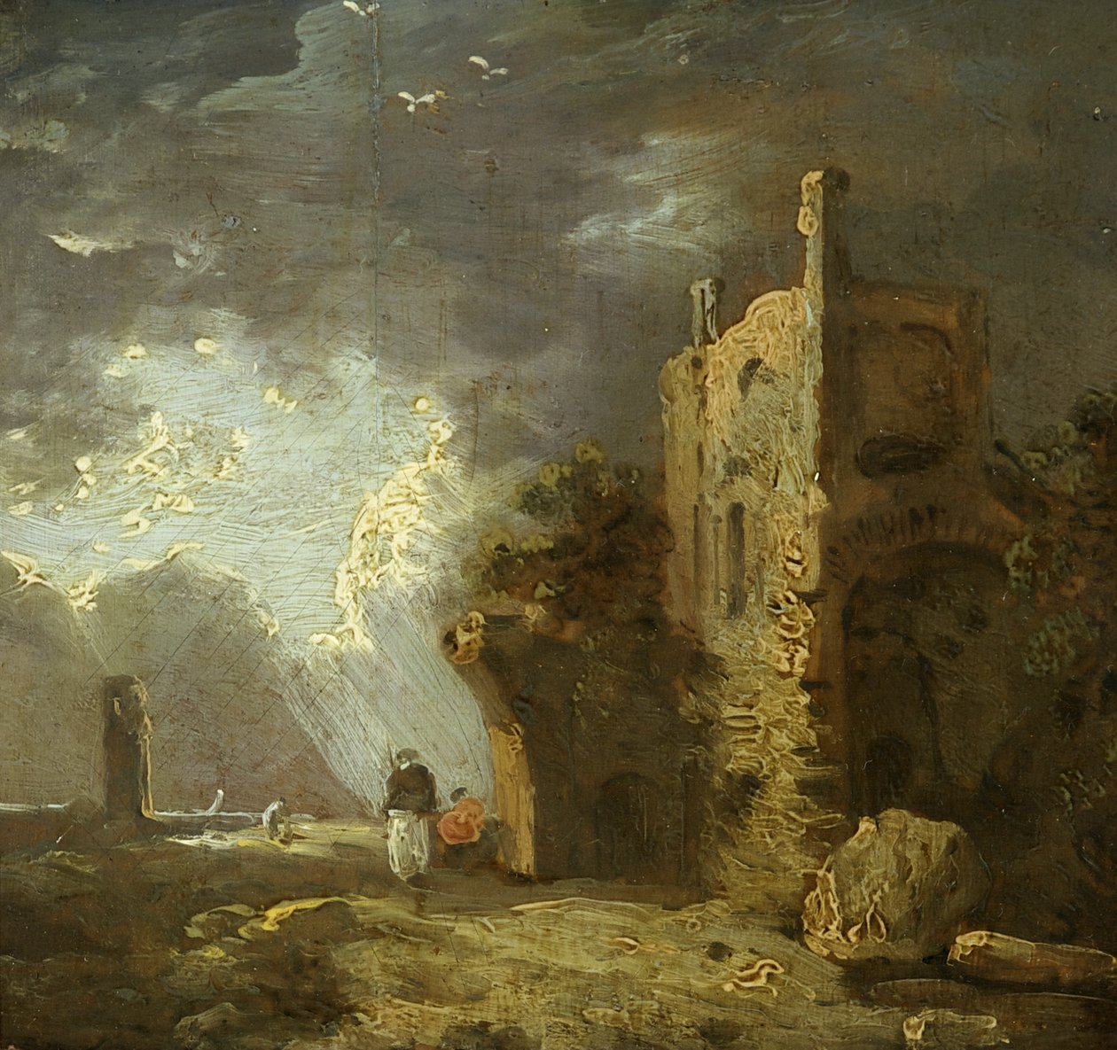 Raunioitu torni figuurilla, n. 1770-1779 (öljy kankaalle) tekijältä Richard Wilson
