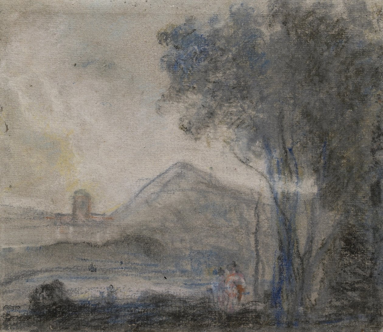 Tutkimus "Cicero ja hänen ystävänsä" (mustia, valkoisia ja kirkkaanvärisiä liituja harmahtavalle paperille) tekijältä Richard Wilson