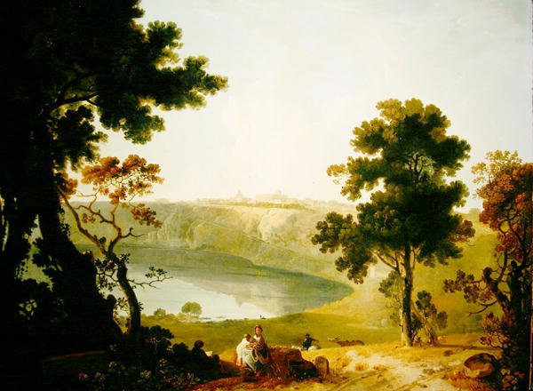 Näkymä Castel Gandolfolle ja Albano-järvelle, n. 1754 (öljy kankaalle) tekijältä Richard Wilson