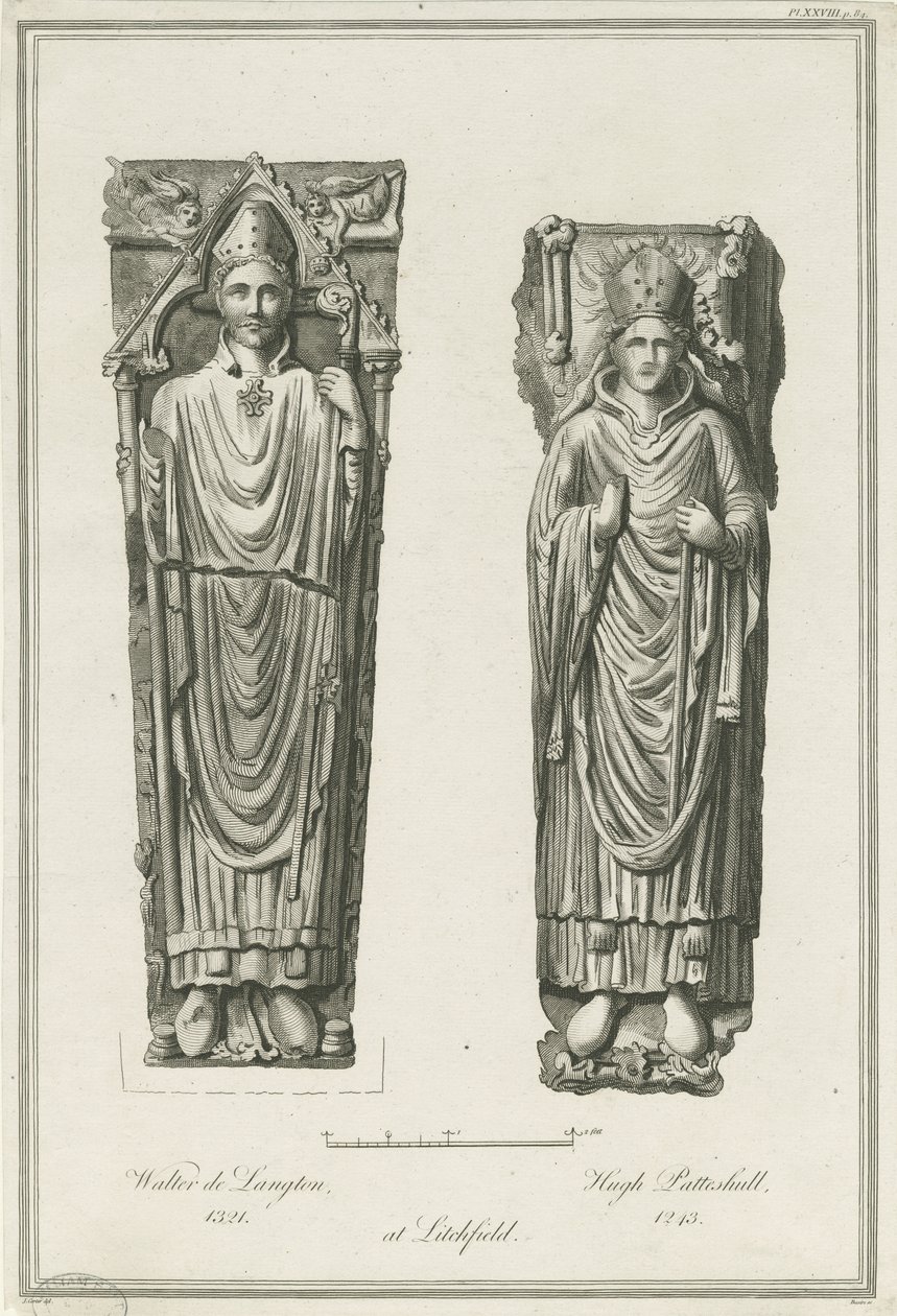 Lichfieldin katedraali - Walter de Langtonin ja Hugh de Patteshullin hahmot: kaiverrus, nd [1748-1817] (painettu) tekijältä Richard Woollett Basire