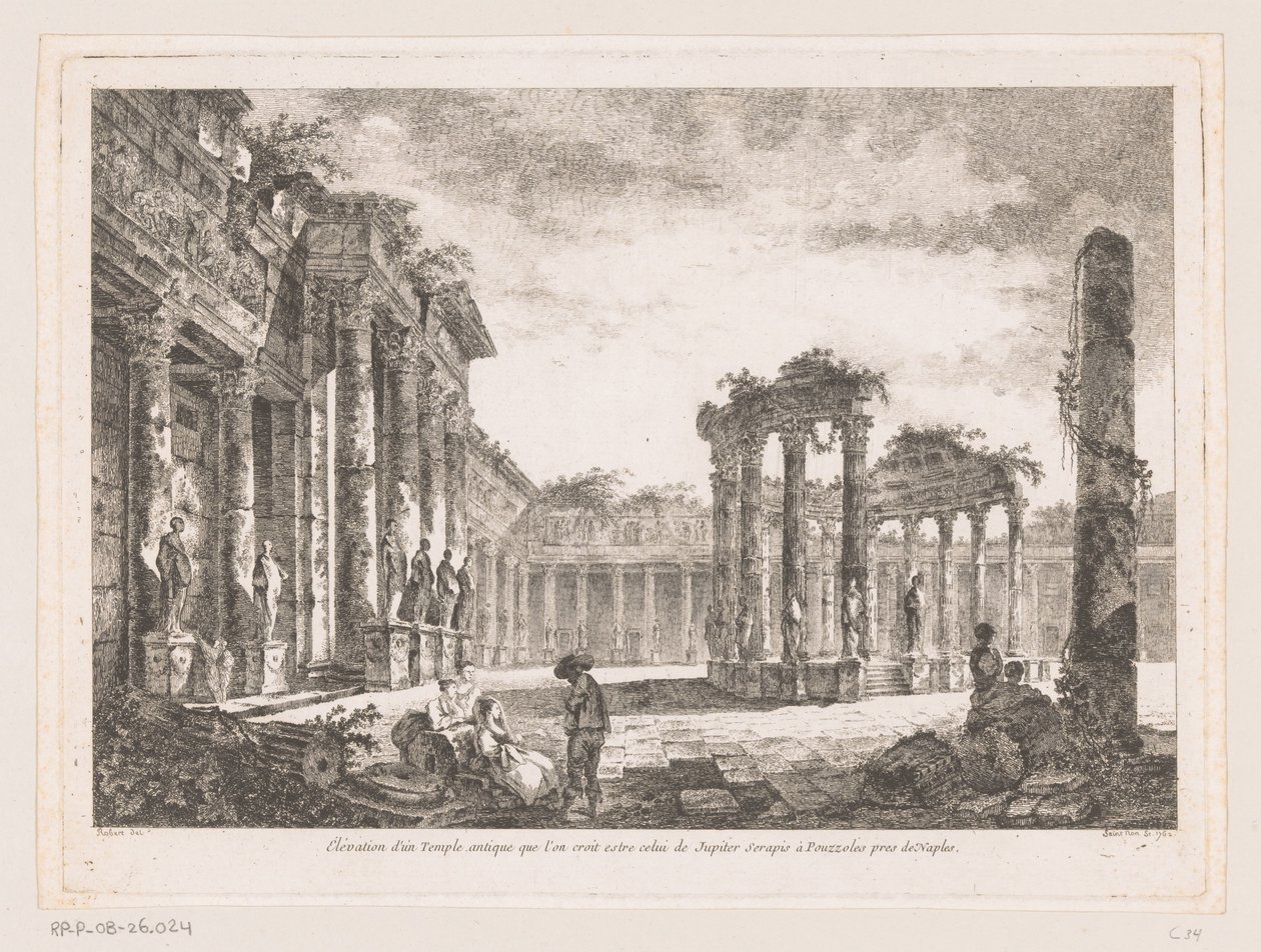 Gezicht op de Tempel van Jupiter Serapis Muinaisen Jupiter Serapisin temppelin kohoaminen Pozzuolissa lähellä Napolia (otsikko esineessä) tekijältä Richard de Saint Non