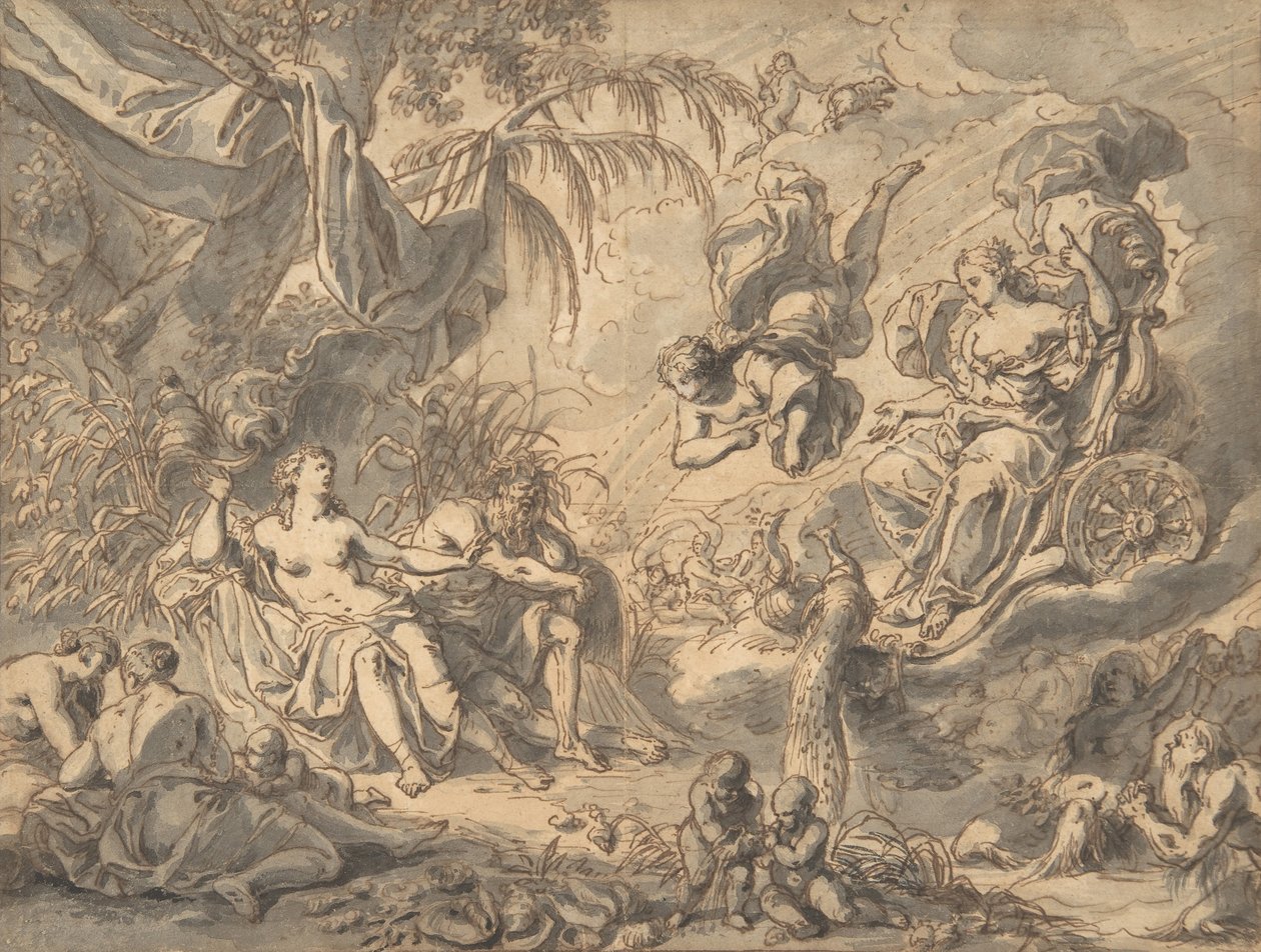 Juno vaunuissaan vierailemassa nuoren naisen ja jokijumalan luona, 1600-luvun loppu - 1700-luvun puoliväli. tekijältä Richard van Orley