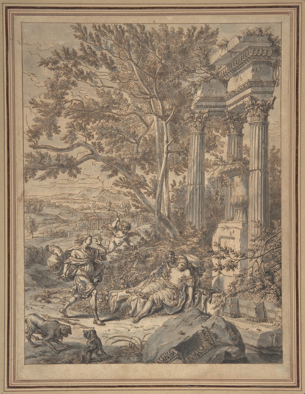Silvio lähestyy Dorindaa, jota hän on haavoittunut nuolella..., n. 1700. tekijältä Richard van Orley