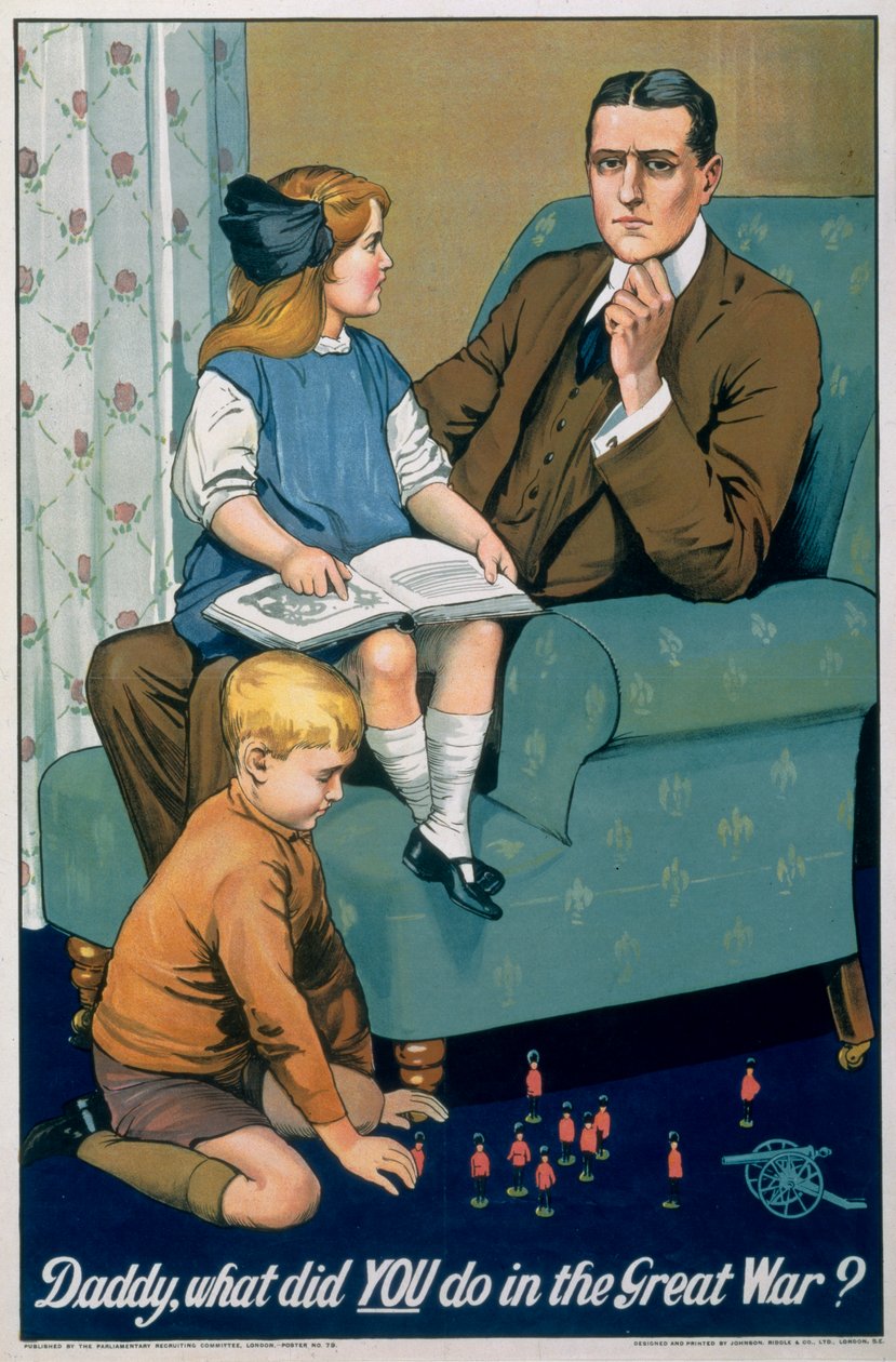 "Isä, mitä teit suuressa sodassa", brittiläinen rekrytointijuliste, 1940 tekijältä Riddle and Co Johnson