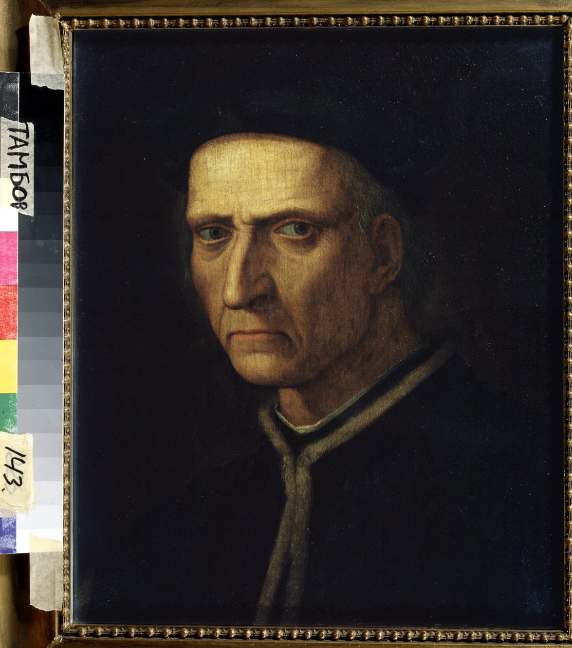 ""Miehen muotokuva"". Mustaan ​​pukeutuneella miehellä on ilkeä ilme tai ankara (vakava) ilme. Ridolfo Ghirlandaion (1483-1561) maalaus, 1500-luvun alueellinen taidegalleria, Tambov, Venäjä tekijältä Ridolfo Il  Ghirlandaio