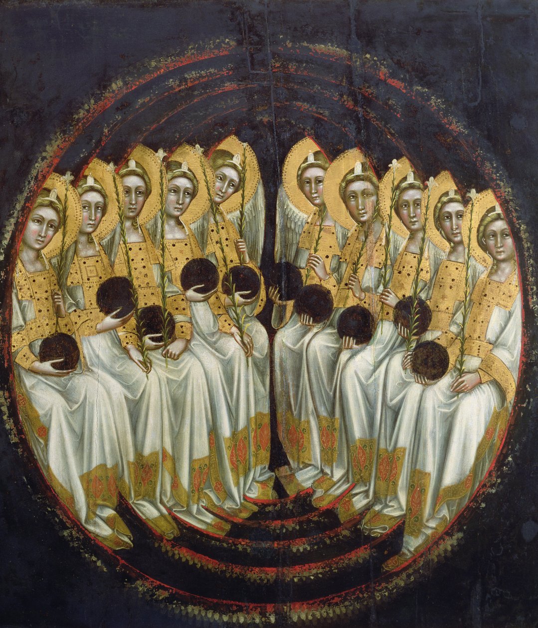 Istuvat enkelit pallot käsissään, n. 1348-54 tekijältä Ridolfo di Arpo Guariento