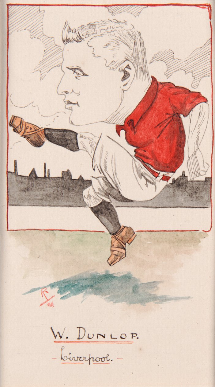 Billy Dunlop, Liverpool, piirros tupakkakorttisarjasta, 1907 (kynä ja muste kortille) tekijältä Rip