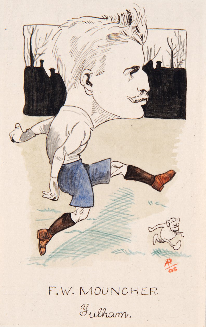 Fred Mouncher, Fulham, piirustus savukekorttisarjasta, 1907 (kynä ja muste kortilla) tekijältä Rip