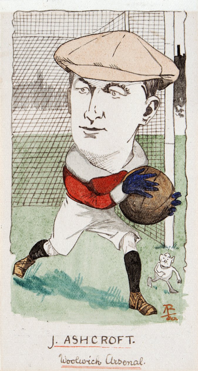 Jimmy Ashcroft, Woolwich Arsenal, piirustus savukekorttisarjasta, 1907 (kynä ja muste kortilla) tekijältä Rip