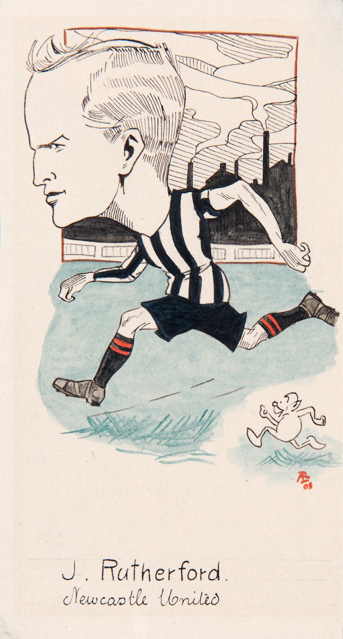 Jock Rutherford, Newcastle United, piirustus savukekorttisarjasta, 1907 (kynä ja muste kortilla) tekijältä Rip