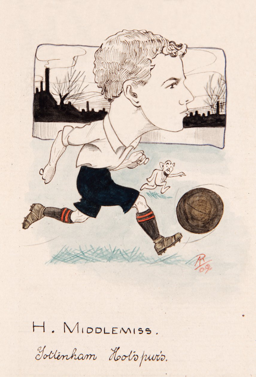 Bert Middlemiss, Tottenham Hotspur, piirustus tupakkakorttisarjasta, 1907 (kynä ja muste kortille) tekijältä Rip