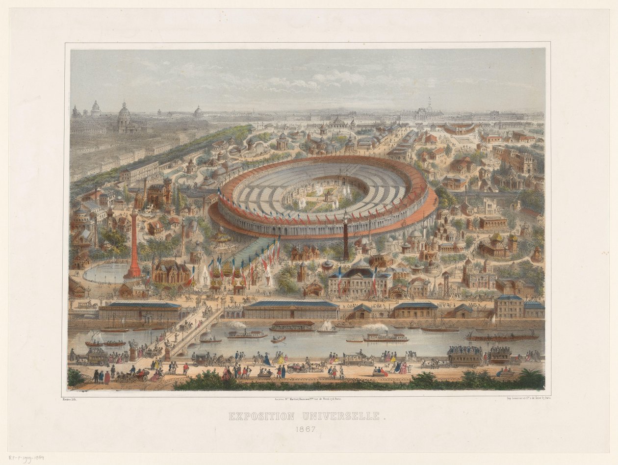 Lintuperspektiivistä vuoden 1867 maailmannäyttely Pariisissa Näyttely Universelle. 1867 (otsikko esineessä) tekijältä Rivière