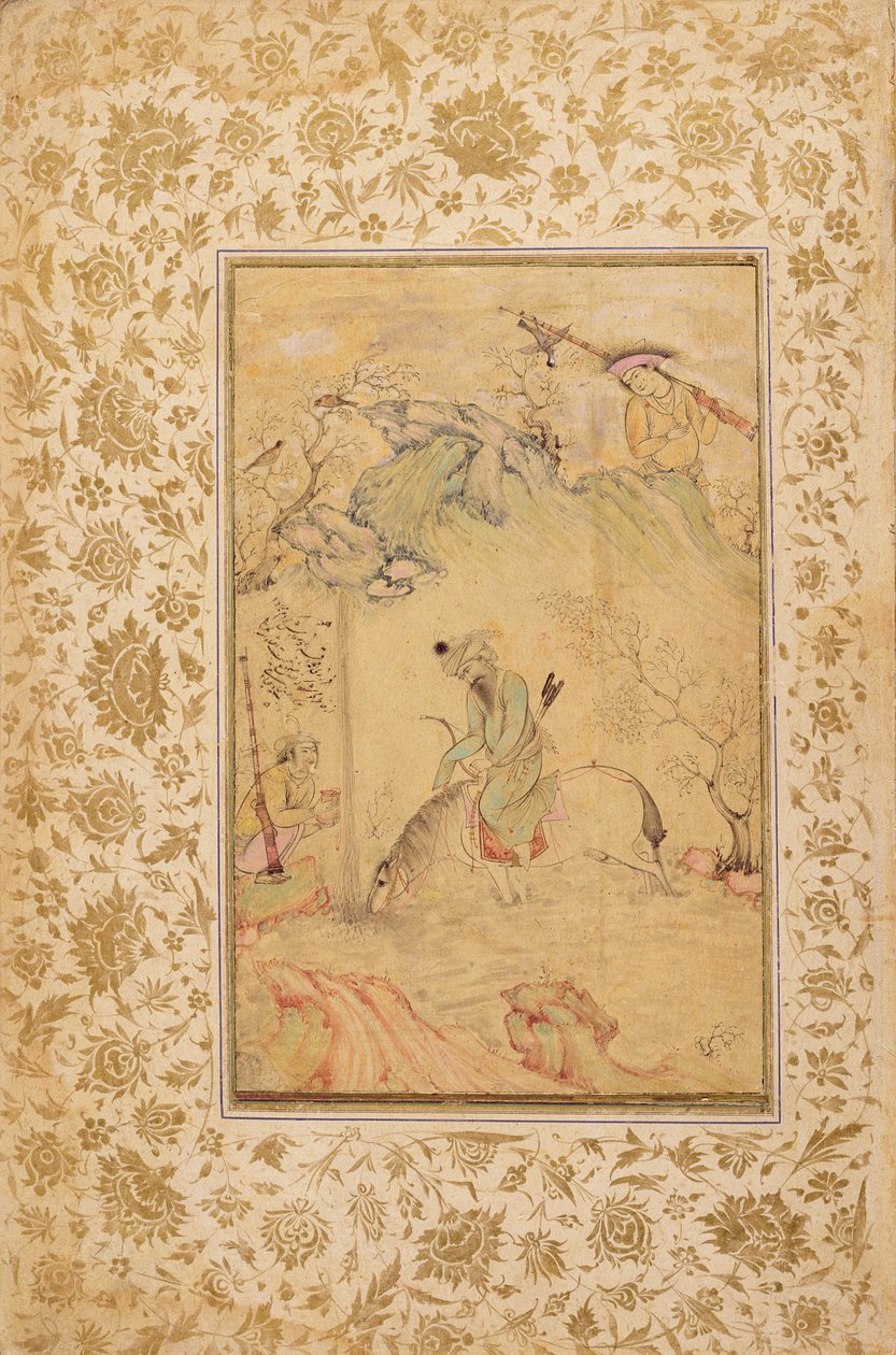 Hunters in a Landscape, n. 1615 (muste, wc ja kultaa paperilla) tekijältä Riza i Abbasi