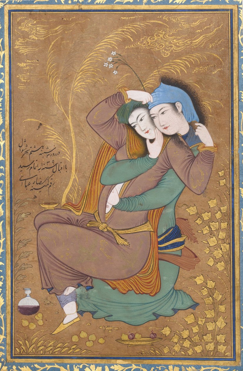 The Lovers, n. 1630 (akvarelli, muste ja kulta paperille) tekijältä Riza i Abbasi