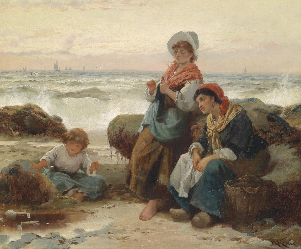 Kalastajat ja lapsi rannikolla tekijältä Robert Kemm