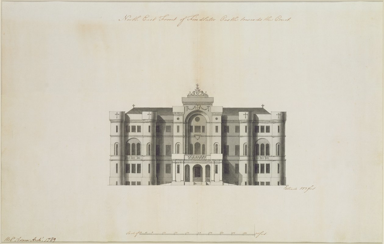 Toteuttamaton suunnittelu Findlaterin linnan koillisrintamalle, Earl of Seafieldille, 1789 (muste ja pesu paperille) (katso myös 273035) tekijältä Robert Adam