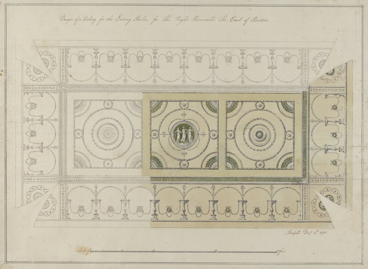 Suunnittelu ruokasalin kattoon, Headfort House, 1775 (kynä ja muste wc:llä paperille) tekijältä Robert Adam