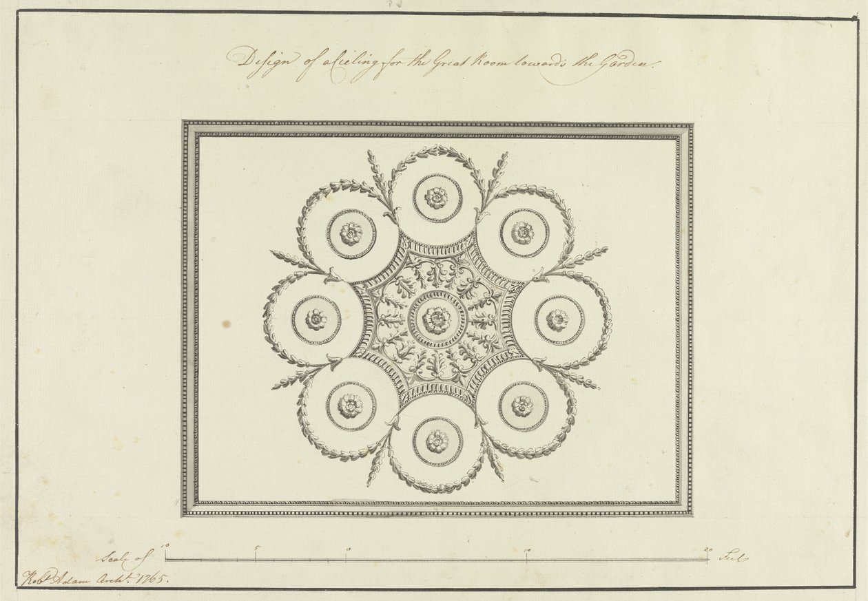 Suunnittelu Great Roomin kattoon, Langford House, 1765 (kynä, musta ja ruskea muste harmaalla pesulla paperilla) tekijältä Robert Adam