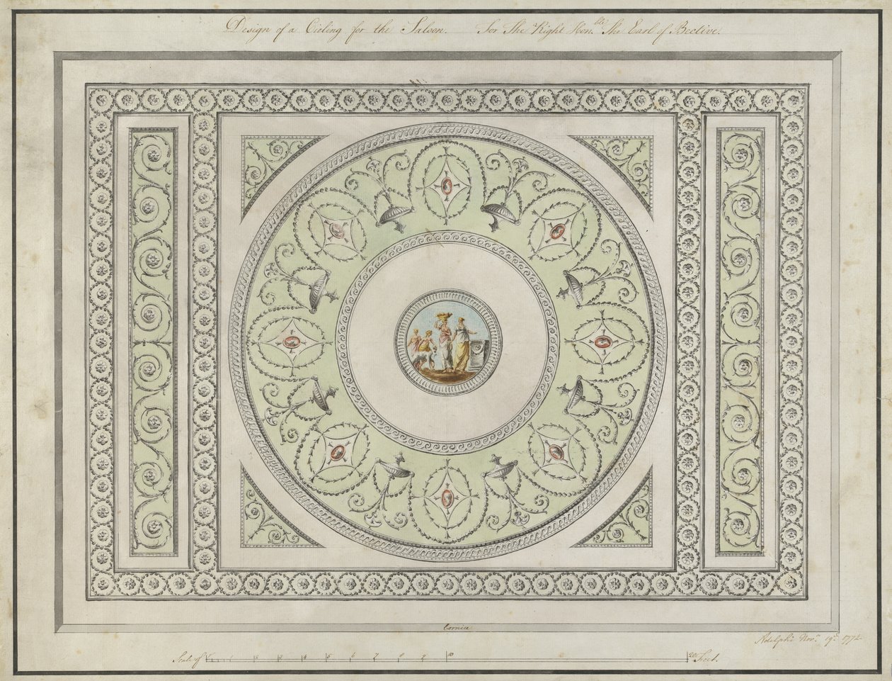 Suunnittelu Saloonin kattoon, Headfort House, 1772 (kynä, musta & ruskea muste & wc asetetulla paperilla) tekijältä Robert Adam
