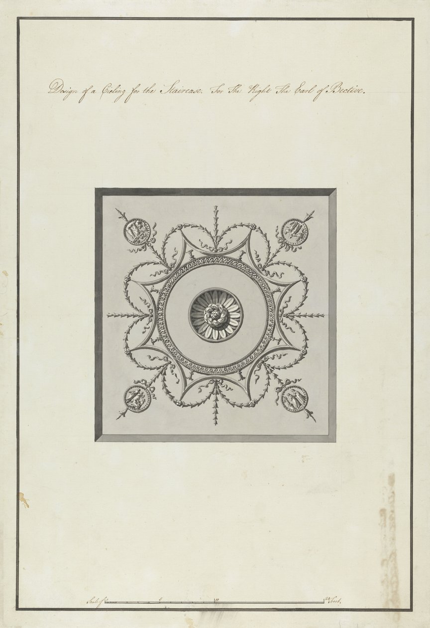 Suunnittelu portaiden kattoon, Headfort House, 1771-75 (kynä ja musta muste harmaalla ja mustalla pesulla paperilla) tekijältä Robert Adam
