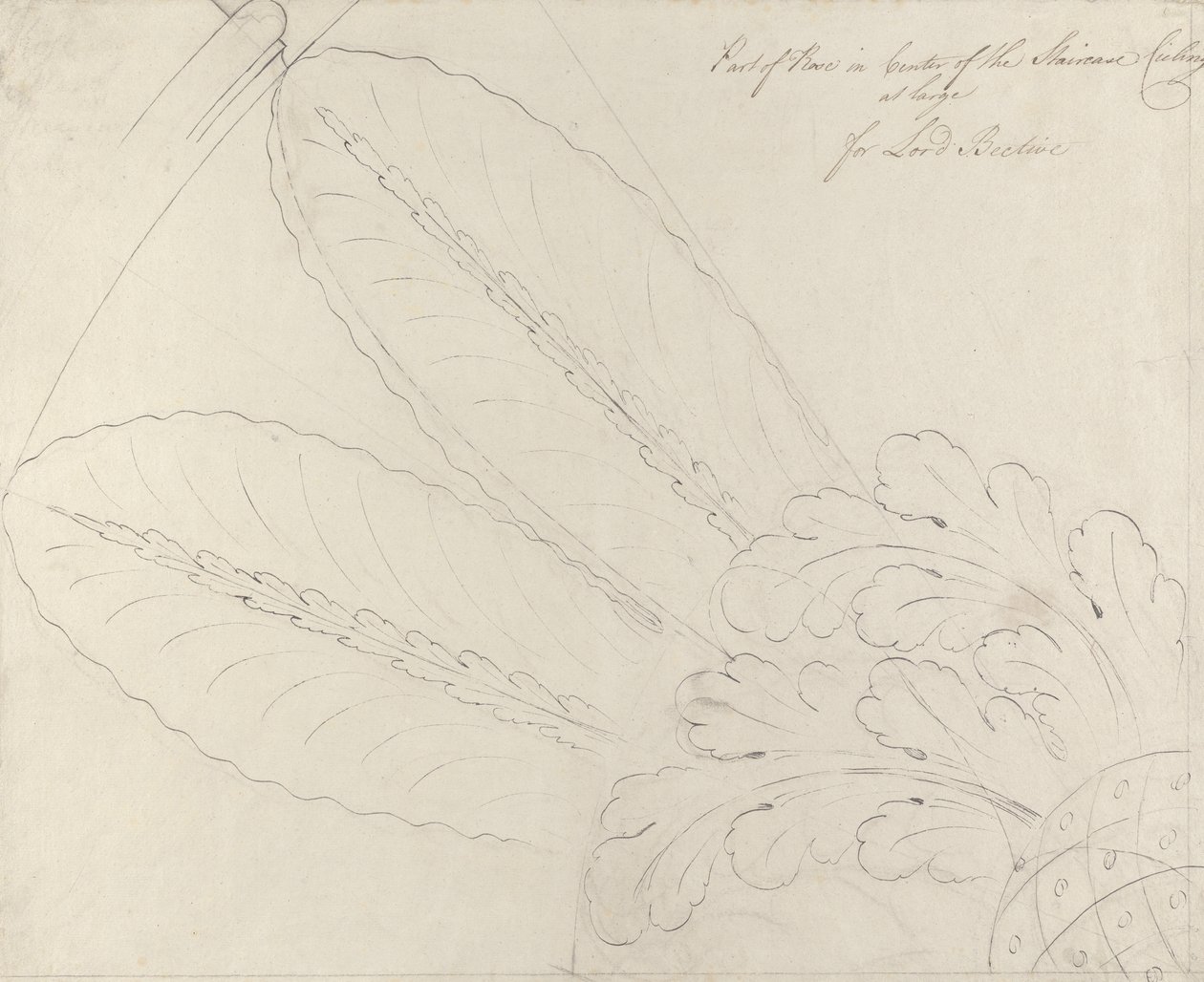 Suunnittelu kattoruusulle portaikkoon, Headfort House, 1772 (kynä & musta muste ja grafiitti kankaalle) tekijältä Robert Adam