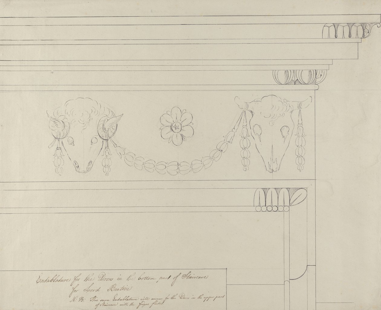 Suunnittelu portaiden esittelyyn, Headfort House (kynä ja musta muste grafiitilla levitetylle paperille) tekijältä Robert Adam