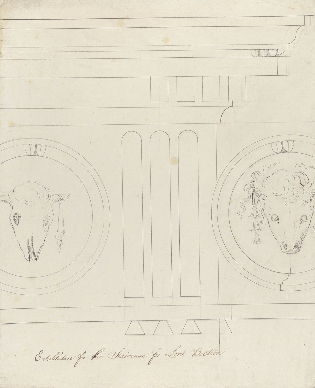 Suunnittelu portaiden esittelyyn, Headfort House, 1772 (kynä ja muste paperille liinavaatteiden päälle) tekijältä Robert Adam