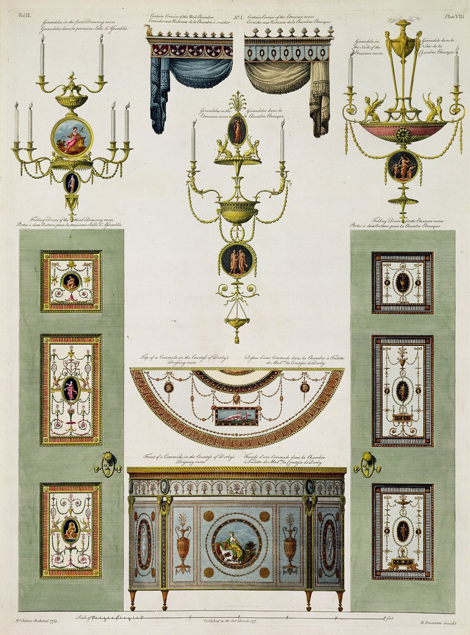 Mallit verhoreunuksille, girandoleille ja taitto-oville, 1774 (tulostus) (katso lisätietoja 61958) tekijältä Robert Adam