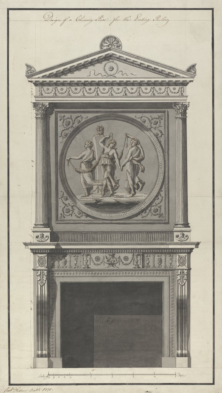 Headfortin talo. Ruokasali, Chimney Piece, 1771 (kynä ja muste ja pesu paperille) tekijältä Robert Adam