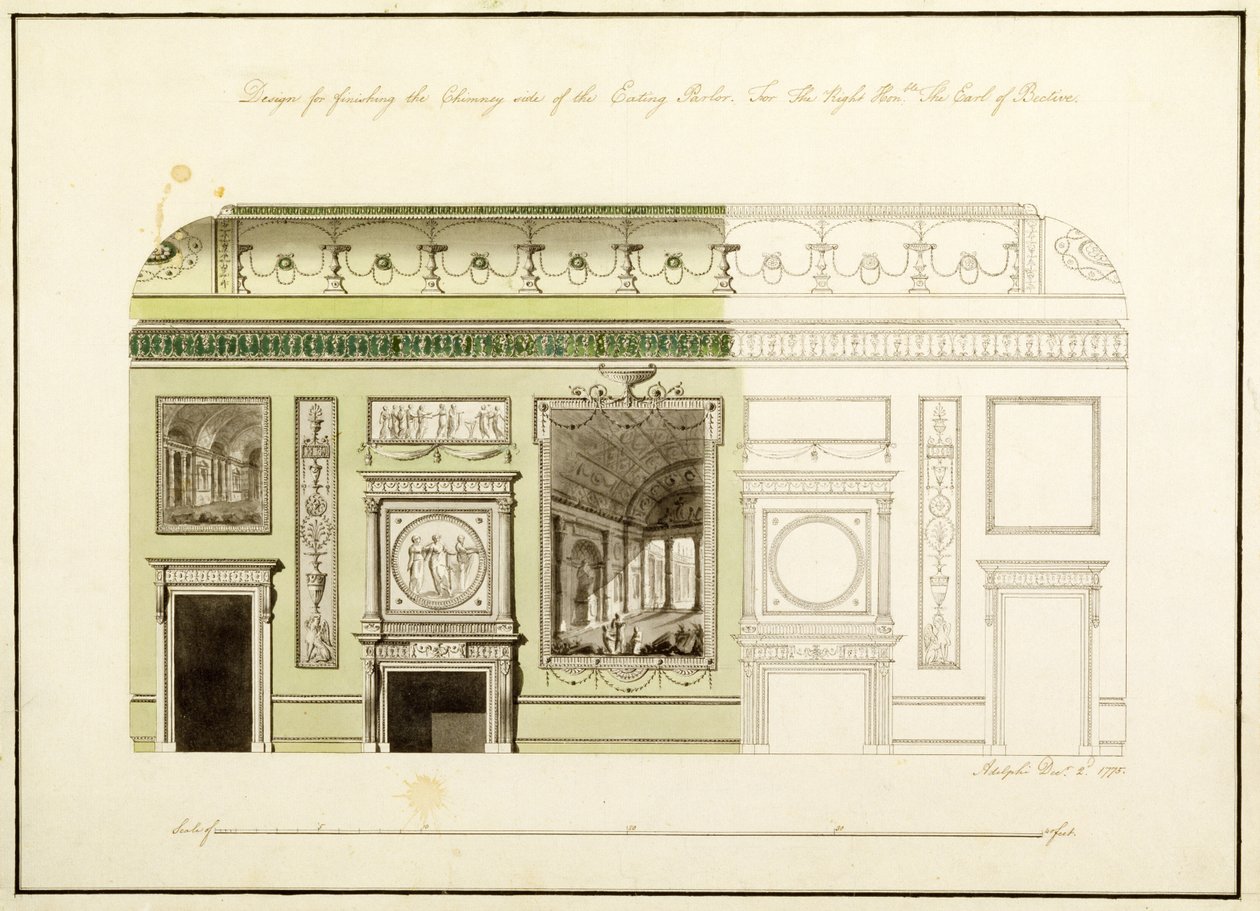 Headfort House, Ruokailuhuone, Chimney Piece, 1775 (wc, kynä ja muste paperille) tekijältä Robert Adam