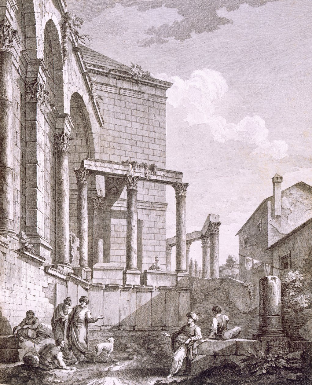 Sivukuva Jupiterin temppelistä, julkaisusta "Keisari Diocletianuksen palatsin rauniot Spalatrossa Dalmatiassa", julkaistu 1764 tekijältä Robert Adam