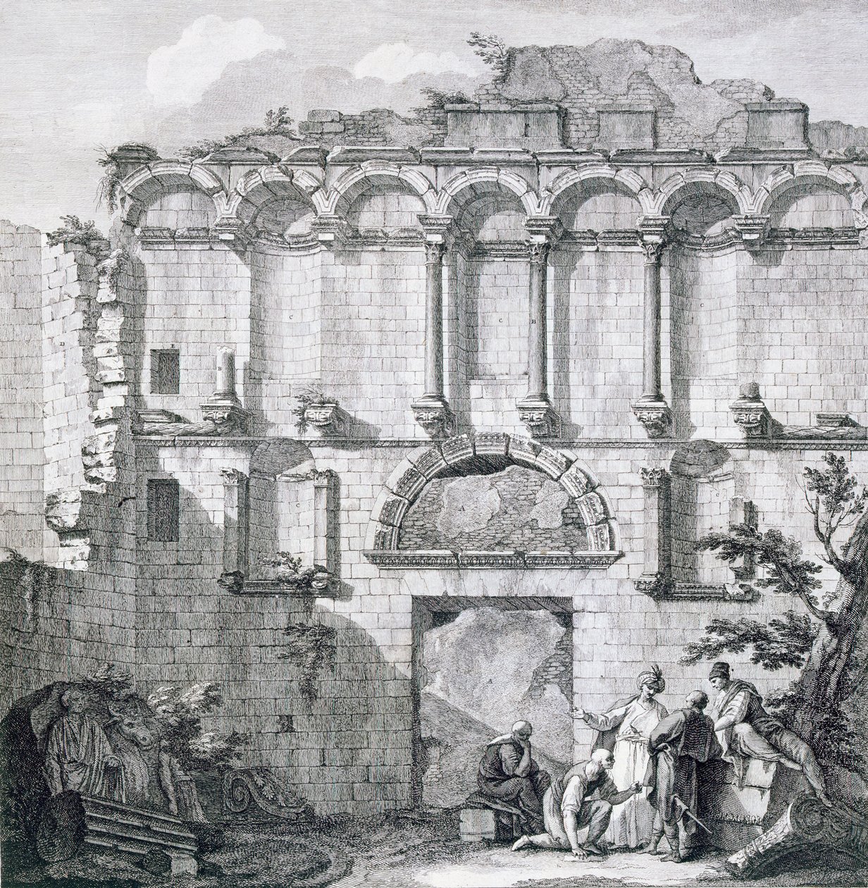 Porta Aurea, julkaisusta "Keisari Diocletianuksen palatsin rauniot Spalatrossa Dalmatiassa", julkaistu 1764 99:klassinen; Roomalainen; Antiikin Rooma; Jakaa; Kroatia; kroatia; arkkitehtuuri; ulkoa tekijältä Robert Adam