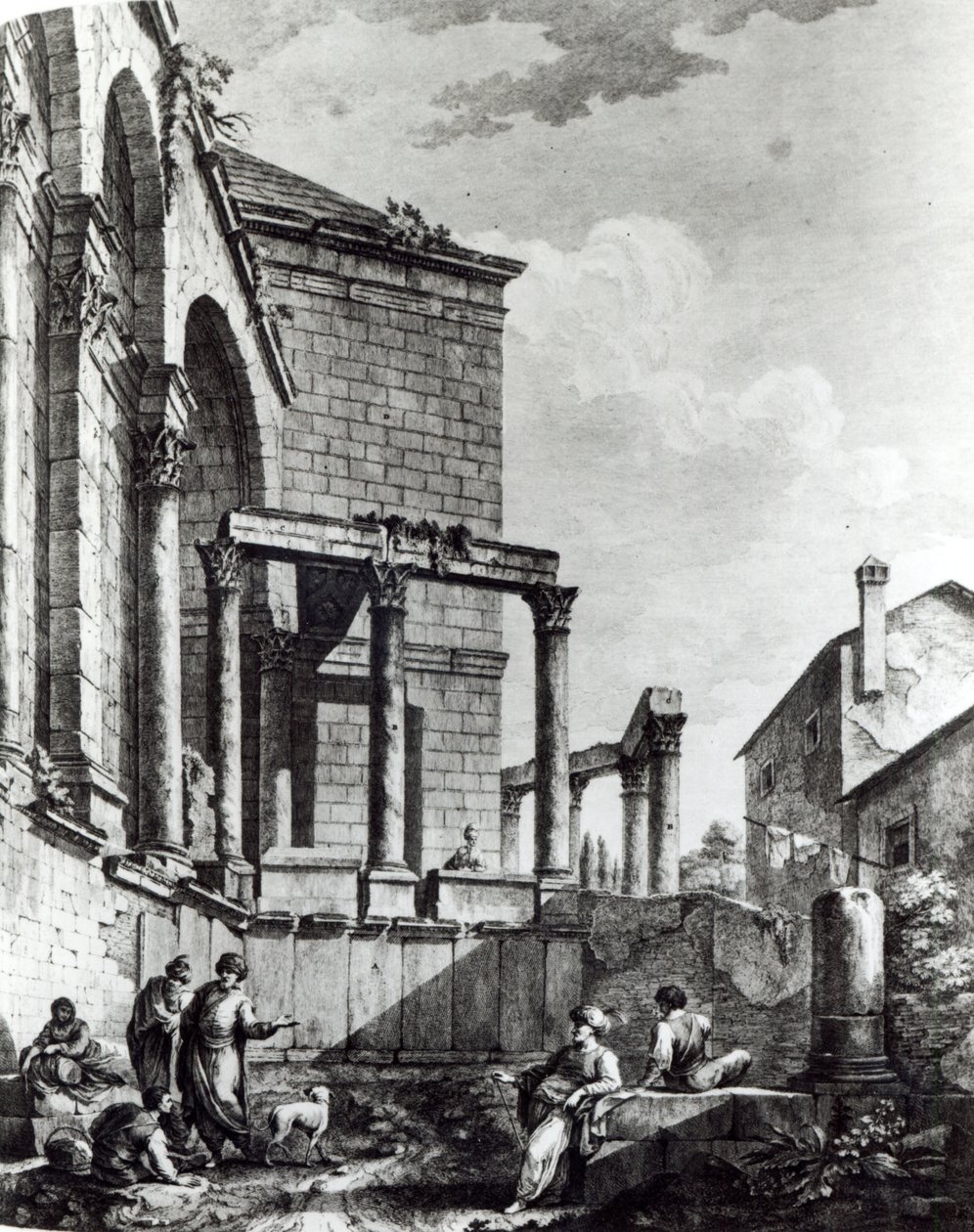 Jupiterin temppeli Diocletianuksen (245-313) palatsissa, Rooman keisarin 284-305, Splitissä Dalmatian rannikolla, kaiverrus Francesco Bartolozzi (n. 1727-1815), 1768 tekijältä Robert Adam