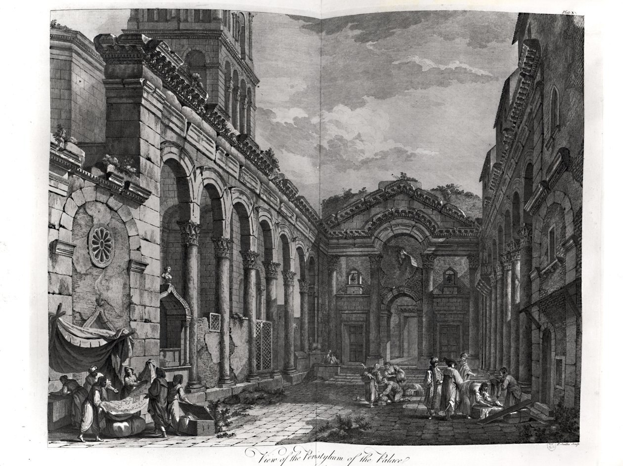 Näkymä Diocletianuksen (245-313), Rooman keisarin 284-305, palatsin peristylestä Splitissä Dalmatian rannikolla, kaiverrus P. Santini, 1768 tekijältä Robert Adam