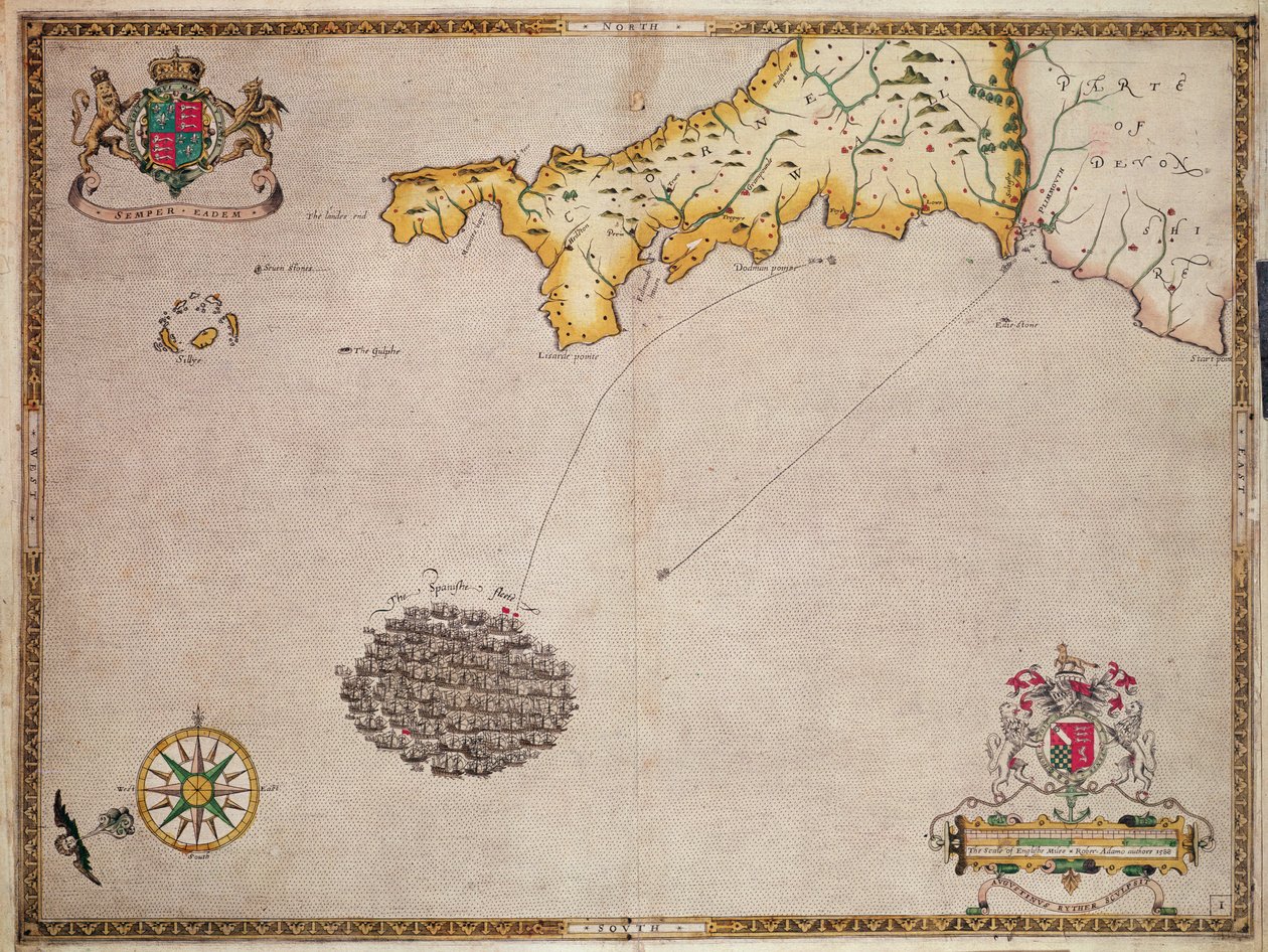 Kartta nro 1, jossa näkyy Armada-laivaston reitti, kaivertanut Augustine Ryther, 1588 tekijältä Robert Adams
