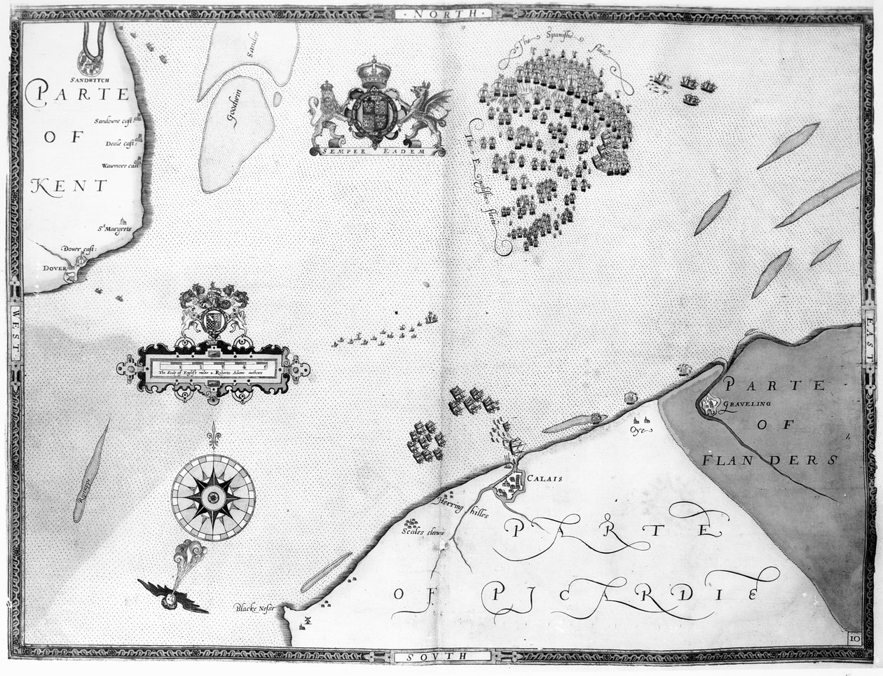 Kartta nro 10, jossa näkyy Armada-laivaston reitti, kaivertanut Augustine Ryther, 1588 tekijältä Robert Adams